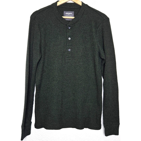 Bonobos Henley Shirt Mens Medium Green Waffle Knit Thermal Slim Fit Sweater - Picture 1 of 9